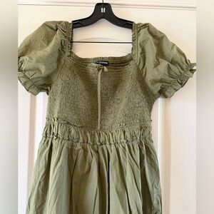 Smocked Puff-Sleeve Midi Dress - Olive